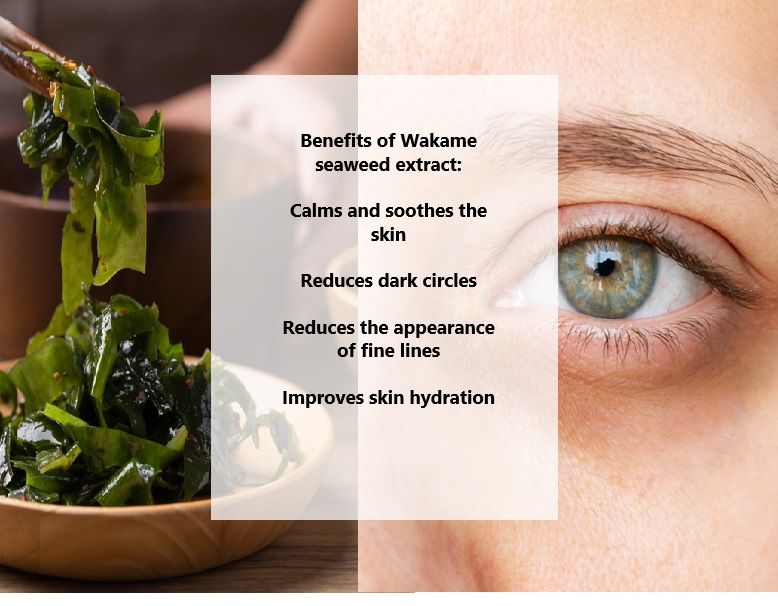 Benefits of Wakame seaweed extract: calms and soothes the skin, improves skin hydration,  reduces dark circles, and appearance of fine lines